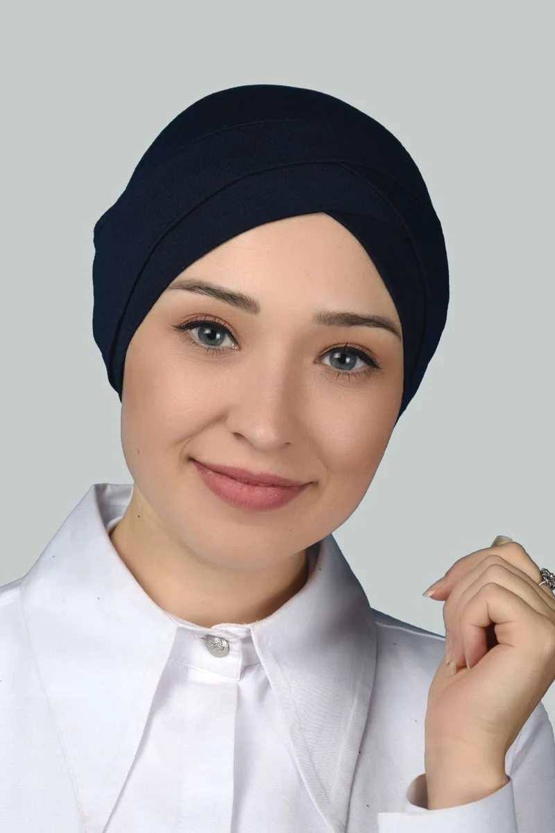 التوبة Four-Striped Cross Outer Hijab Bonnet Ready-made Turban Combed Cotton - Navy Blue
