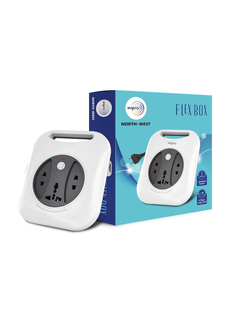 WIPRO Wipro Flex Box Extension Cord with 1 Universal 3 Pin Socket 2 units of 2 Pin Socketswith Master Switch Indicator 4 mtr long copper wire Power Strip for Home Office Pack of 1 Grey White  - Image 1