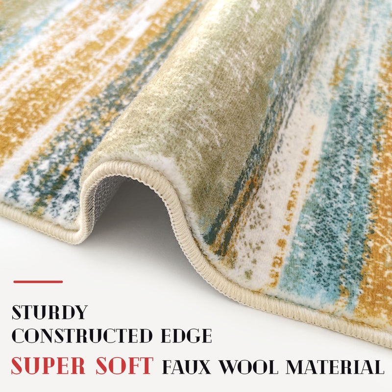 Lansny Modern Abstract Runner Rug 2x6, Green Mustard Multi Washable Kitchen Runner Non-Slip Soft Hallway Rug Runner Thin Print Faux Wool Carpet for Entryway Bedroom Laundry Room Indoor Home Decor - Image 5