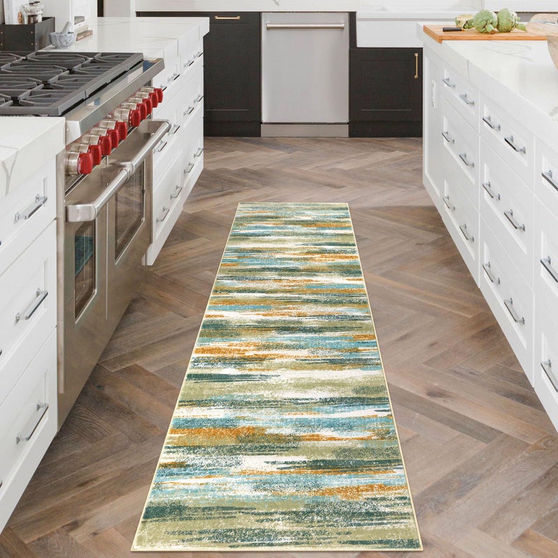 Lansny Modern Abstract Runner Rug 2x6, Green Mustard Multi Washable Kitchen Runner Non-Slip Soft Hallway Rug Runner Thin Print Faux Wool Carpet for Entryway Bedroom Laundry Room Indoor Home Decor - Image 2