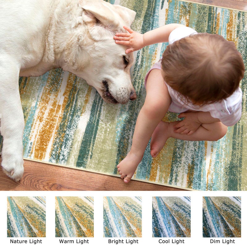 Lansny Modern Abstract Runner Rug 2x6, Green Mustard Multi Washable Kitchen Runner Non-Slip Soft Hallway Rug Runner Thin Print Faux Wool Carpet for Entryway Bedroom Laundry Room Indoor Home Decor - Image 3