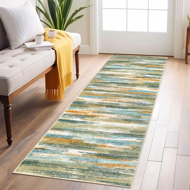 Lansny Modern Abstract Runner Rug 2x6, Green Mustard Multi Washable Kitchen Runner Non-Slip Soft Hallway Rug Runner Thin Print Faux Wool Carpet for Entryway Bedroom Laundry Room Indoor Home Decor - Image 1