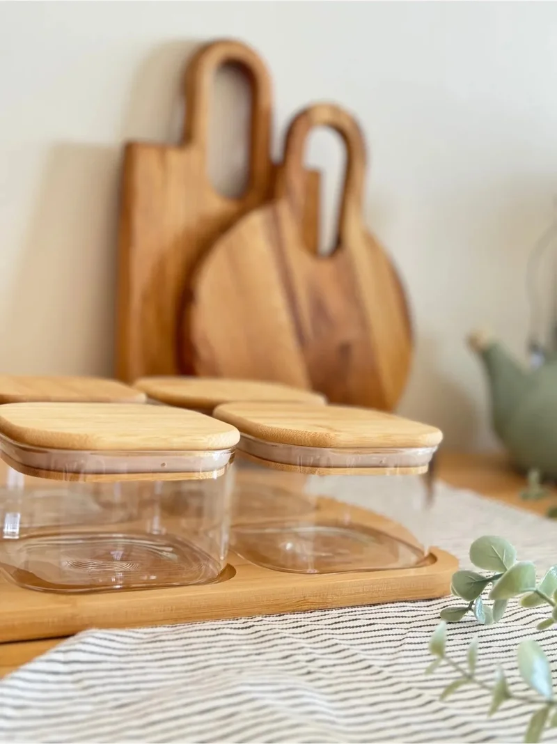 Mottogo Bamboo Breakfast Set of 6, Borosilicate Glass, Natural Bamboo Tray and Vacuum Lid