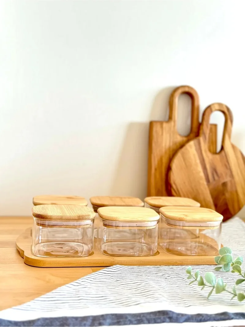 Mottogo Bamboo Breakfast Set of 6, Borosilicate Glass, Natural Bamboo Tray and Vacuum Lid