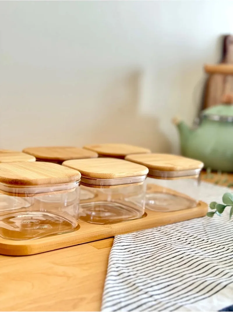 Mottogo Bamboo Breakfast Set of 6, Borosilicate Glass, Natural Bamboo Tray and Vacuum Lid