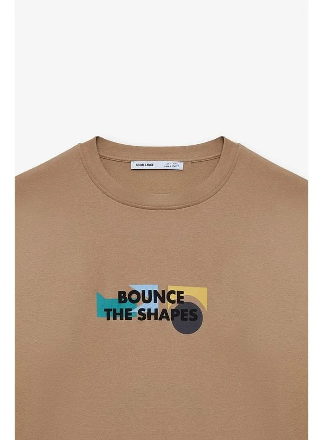 GRIMELANGE MILENNIAL Men's Oversize Fit 100% Cotton Thick‑Texture Printed Dark Beige T‑Shirt.