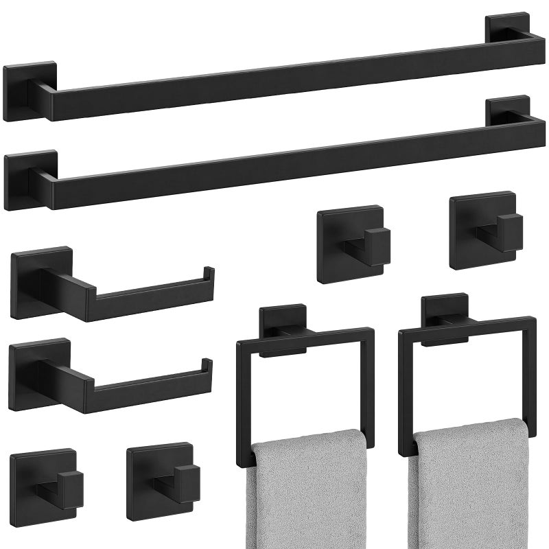 Bubxo 10-Pieces Matte Black Bathroom Accessories Set, 24 Inch Bathroom Hardware Set, SUS304 Stainless Steel Bath Towel Bar Set, Towel Racks for Bathroom Wall Mounted - Image 1