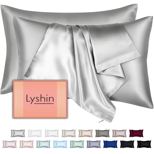 LYSHIN Silk Pillow Cases 2 Pack King Size with Hidden Zipper, Mulberry Silk Pillowcase for Hair and Skin, Smooth and Soft Breathable Cooling Silk Satin Pillowcase Set of 2, Gifts for Women，Light Grey - Image 1