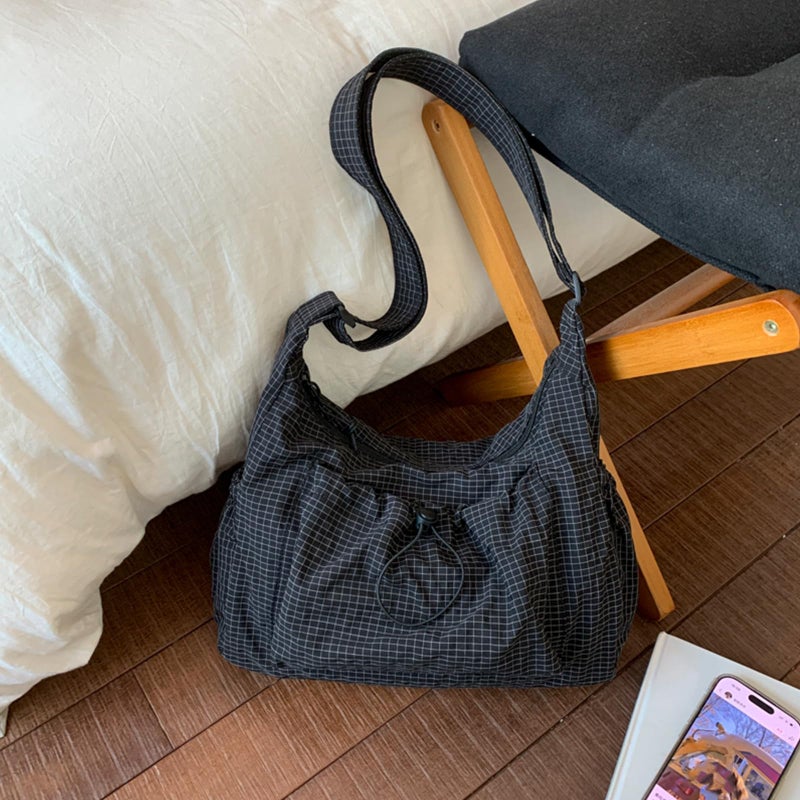 CATSEA Nylon Hobo Bag Plaid Crossbody Shoulder Bag Drawstring Messenger Purse Soft Zipper Handbag Adjustable Shoulder Straps - Image 4