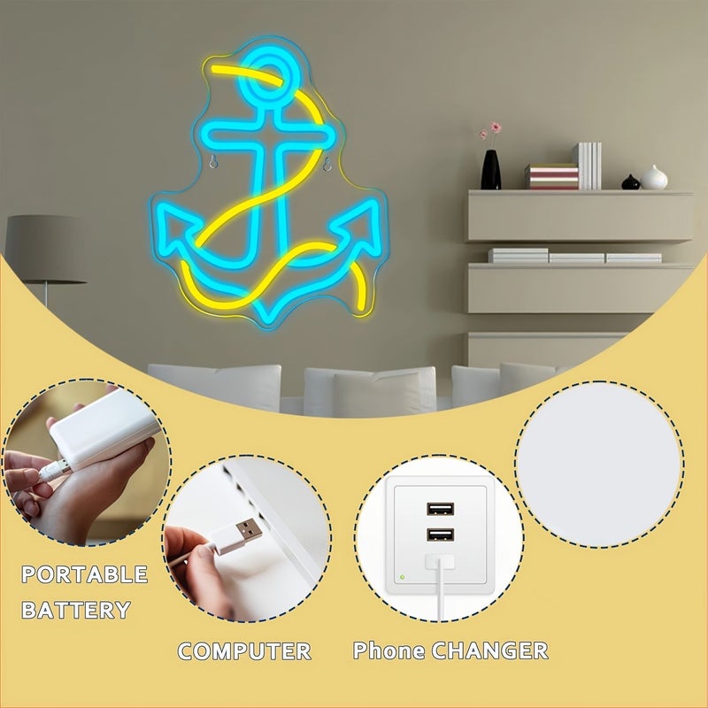 إشارة نيون LED بمرساة زرقاء مع قابس USB، إضاءة قابلة للتعديل، ديكور حائطي لغرفة النوم أو الحفلات أو الحانة، هدية مثالية. - Image 5