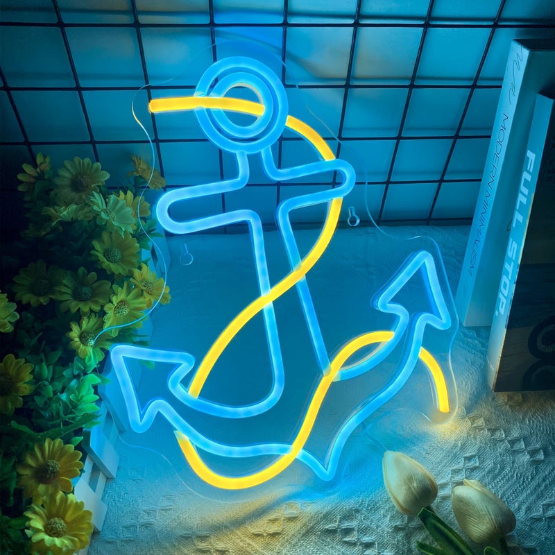 إشارة نيون LED بمرساة زرقاء مع قابس USB، إضاءة قابلة للتعديل، ديكور حائطي لغرفة النوم أو الحفلات أو الحانة، هدية مثالية. - Image 1