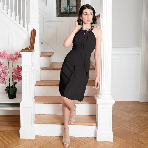 S.L. Fashions Women's Jewel Halter Neckline Cocktail, Wedding Guest, Perfect Party Dress (Petite and Regular Sizes), Black, 14 US - Image 2