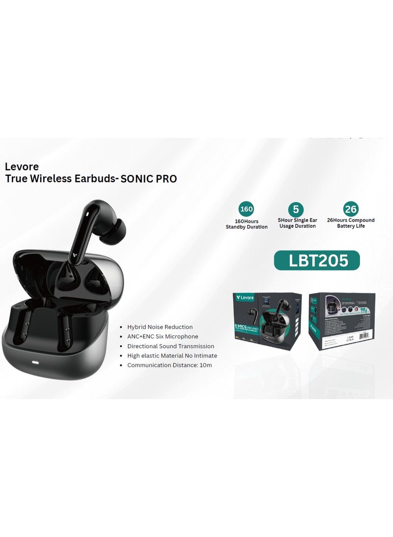 ليفور ### **Arabic Title**  سماعات ليفور سونيك برو لاسلكية بالكامل LBT205، عزل ضوضاء هجين ANC+ENC، 6 ميكروفونات، بطارية تدوم حتى 26 ساعة، بلوتوث مع علبة شحن، مدى 10 متر، صوت عميق، أسود - Image 2