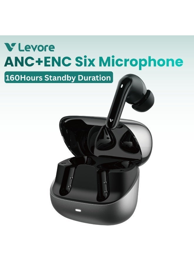 Levore Sonic Pro True Wireless Earbuds LBT205, Hybrid ANC+ENC, 6 Mics, 26H Battery, Bluetooth Earphones with Charging Case, 10m Range, Deep Bass, Black - Image 1