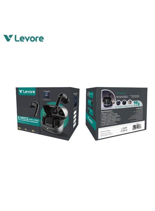 Levore Sonic Pro True Wireless Earbuds LBT205, Hybrid ANC+ENC, 6 Mics, 26H Battery, Bluetooth Earphones with Charging Case, 10m Range, Deep Bass, Black - Image 2