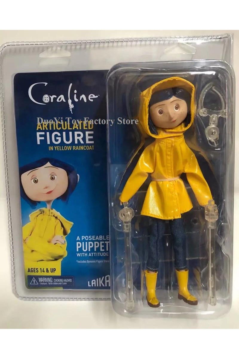 with box G NECA Anime Coraline Doll Articulated Anime Figure Raincoat Sweater In Striped Shirt Toy L