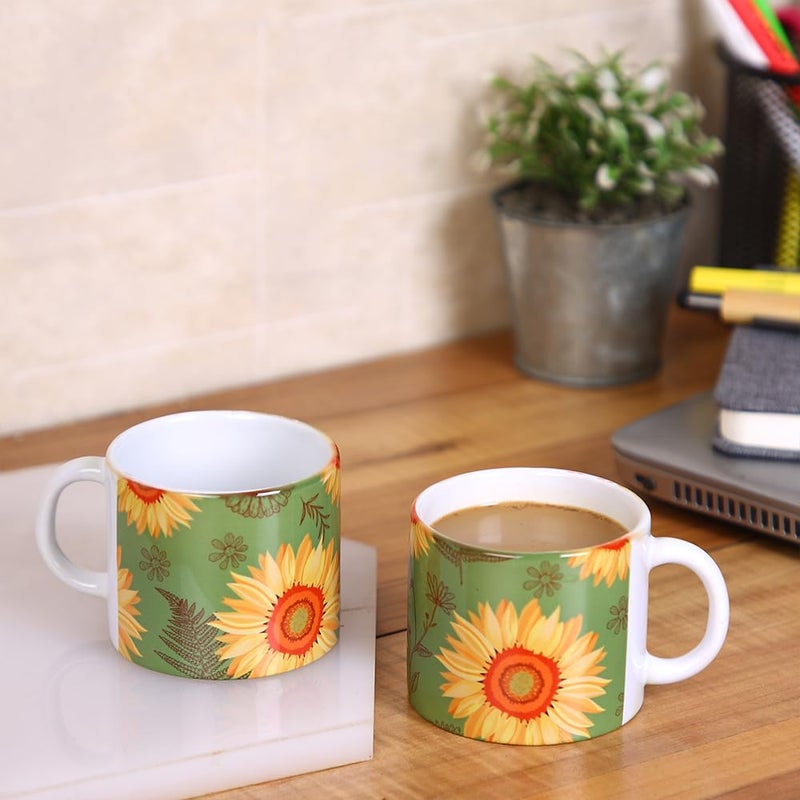PentaDeco Sunflower Pattern Ceramic Mugs Set of 2 160ml Capacity - Image 1