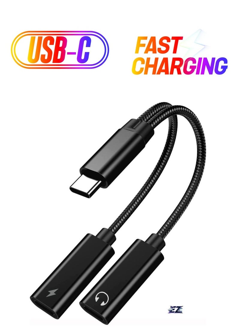 Raxoom USB Type C to Dual USB C Female Audio Adapter & Charger Splitter - 2-in-1 Headphone & Charging Aux Cable for Samsung Galaxy S24/S24+/S24 Ultra/S23/S23+/S23 Ultra/S22 Ultra/S22+/S22 - Fast Charging & High-Quality Audio, Durable, Compact Design (Black) - Image 1