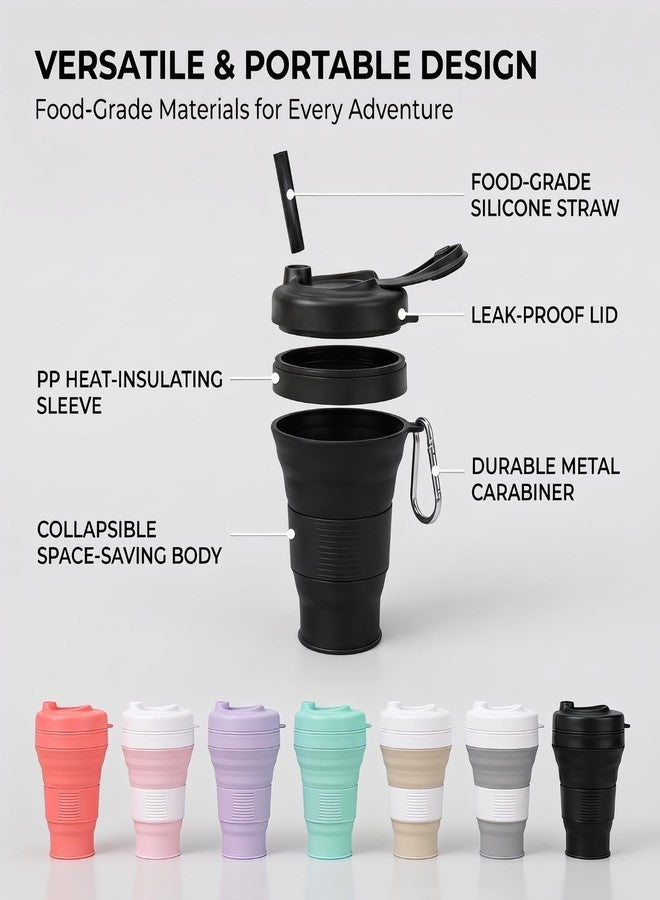 CYNROFVEN Silicone Coffee Cup with Straw lid Collapsible Cups for Traveling 20oz Lightweight Folding Water Mug for Picnic Hicking Camping Climbing (Black) - Image 2