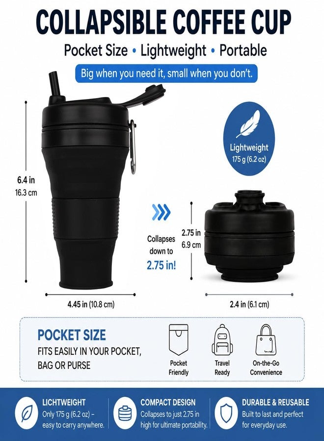 CYNROFVEN Silicone Coffee Cup with Straw lid Collapsible Cups for Traveling 20oz Lightweight Folding Water Mug for Picnic Hicking Camping Climbing (Black) - Image 3