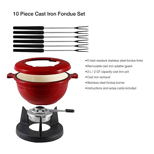 Swissmar Lucerne 10-Piece Cast Iron Fondue Set - Ideal for Melting Cheese, Chocolate, & More - Perfect for Kitchen Collection & Wedding Gift Giving - 2 Liter / 2 Quart - Red - Image 2