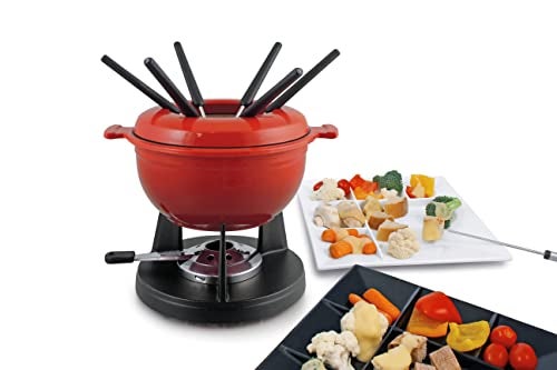 Swissmar Lucerne 10-Piece Cast Iron Fondue Set - Ideal for Melting Cheese, Chocolate, & More - Perfect for Kitchen Collection & Wedding Gift Giving - 2 Liter / 2 Quart - Red - Image 4