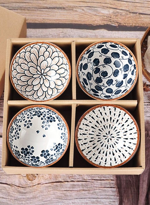 4 Pieces Ceramic Breakfast and Dinner Set  Serve 4 Persons- Elegant Floral Rattan Trim Style - 4 Bowls Dinnerware Collection