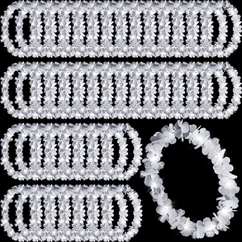 Sherr 48 Pcs LED Hawaiian Leis Light up Flower Leis Necklace with LED Lights Luau Flowers Necklaces for Masquerade Beach Wedding Tropical Themed Party SuppliesWhite