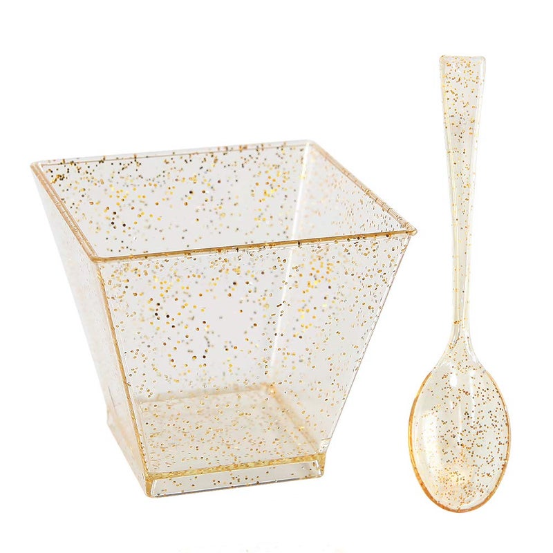 I00000 100 Pack Small Plastic Dessert Cups with Mini Spoons Gold Glitter Premium Quality Includes 100 Pieces Small Disposable Square Cups 2 Oz and 100 Pieces Gold Mini Spoons