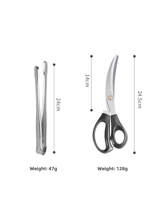 Japanese-style 304 Stainless Steel Barbecue Clip Golden Barbecue Clip Extended Food Clip Steak Clip BBQ Buffet Food Clip-Color:Bare Body Clip 24cm (silver) + Black Scissors - Image 1