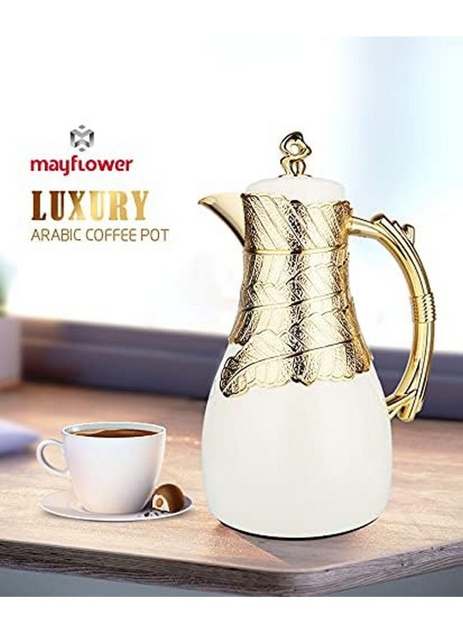 Mayflower Products Insulated Coffee Carafe, 32 oz, Luxury Moroccan-Style Vacuum Insulated Thermos Flask with Spout, Glass Liner, for Tea, Coffee, Water - Carafes & Pitches with Lid-White and Gold  - Image 4