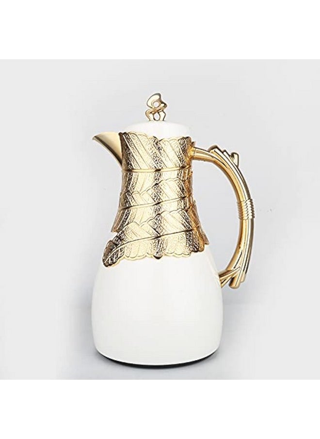 Mayflower Products Insulated Coffee Carafe, 32 oz, Luxury Moroccan-Style Vacuum Insulated Thermos Flask with Spout, Glass Liner, for Tea, Coffee, Water - Carafes & Pitches with Lid-White and Gold  - Image 1