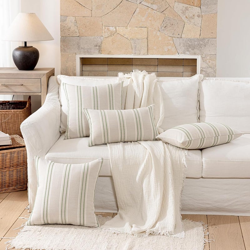 Hckot Spring Throw Pillow Covers 16x16 Set of 2 Grass Green Pillow Covers Farmhouse Decorative Pillows Textured Linen Square Cushion Covers for Sofa Couch Bed Living Room Decor(Grass Green) - Image 5