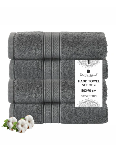 Donetella Premium 100 % Combed Cotton 4-Pcs Hand Towel Set (50 X 90 CM) 600 GSM Super Soft Hand Towel, Highly Absorbent, Quick Dry,Best Towel for Bathroom, Spa And Hotel.