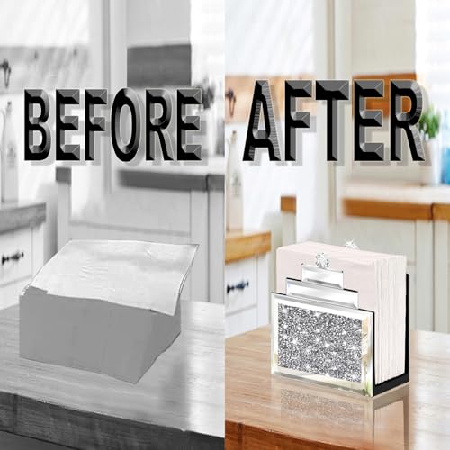 Wocred Mirror Napkin Holder,Crystal Crushed Diamond Vertical Holder,Cute Tissue Holder Holds Napkins Upright for Bathroom，Dining Table，Kitchen Table.(6.8”X5.9”X3”) - Image 5