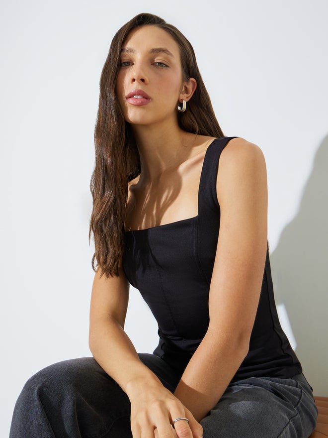 Styli Black Sleeveless Knit Top With Square Neck - Image 1