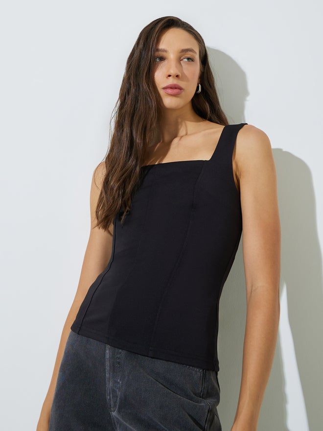 Styli Black Sleeveless Knit Top With Square Neck - Image 3