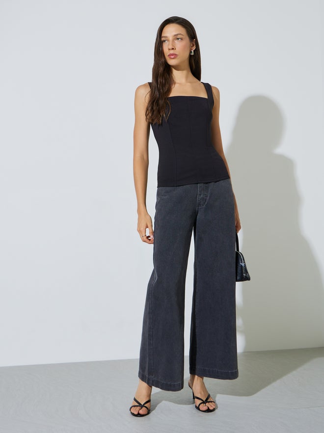 Styli Black Sleeveless Knit Top With Square Neck - Image 2