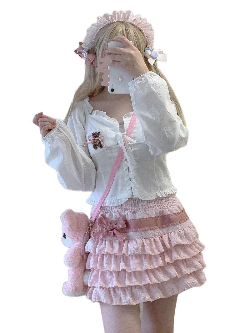 OATSBAS Elastic Waist Lolita Cake Mini Skirts for Women Girls High Waist Pleated Skirt Y2K Layered Skirt (One Size,Pink) - Image 1