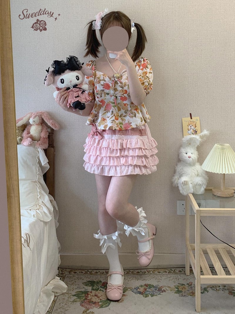 OATSBAS Elastic Waist Lolita Cake Mini Skirts for Women Girls High Waist Pleated Skirt Y2K Layered Skirt (One Size,Pink) - Image 5