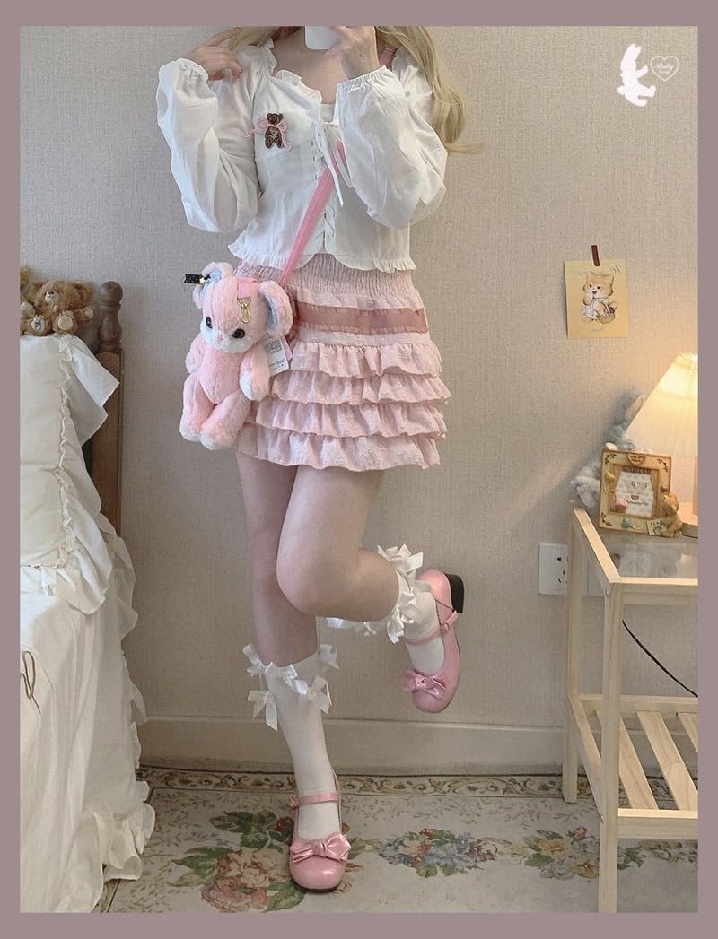 OATSBAS Elastic Waist Lolita Cake Mini Skirts for Women Girls High Waist Pleated Skirt Y2K Layered Skirt (One Size,Pink) - Image 3