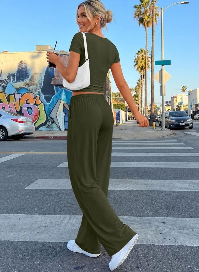 Trendy Queen 2 Piece Matching Summer Sweatsuit Lounge Set Womens Wide Leg Pants Side Ruching Crop Top Sets, Army Green, L - Image 4