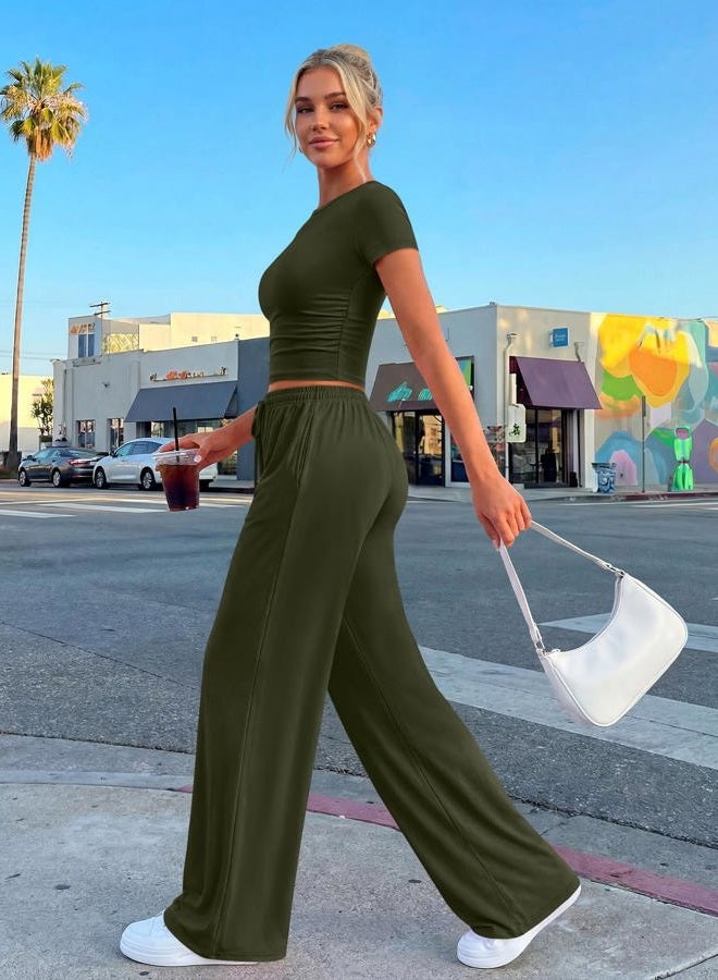Trendy Queen 2 Piece Matching Summer Sweatsuit Lounge Set Womens Wide Leg Pants Side Ruching Crop Top Sets, Army Green, L - Image 3