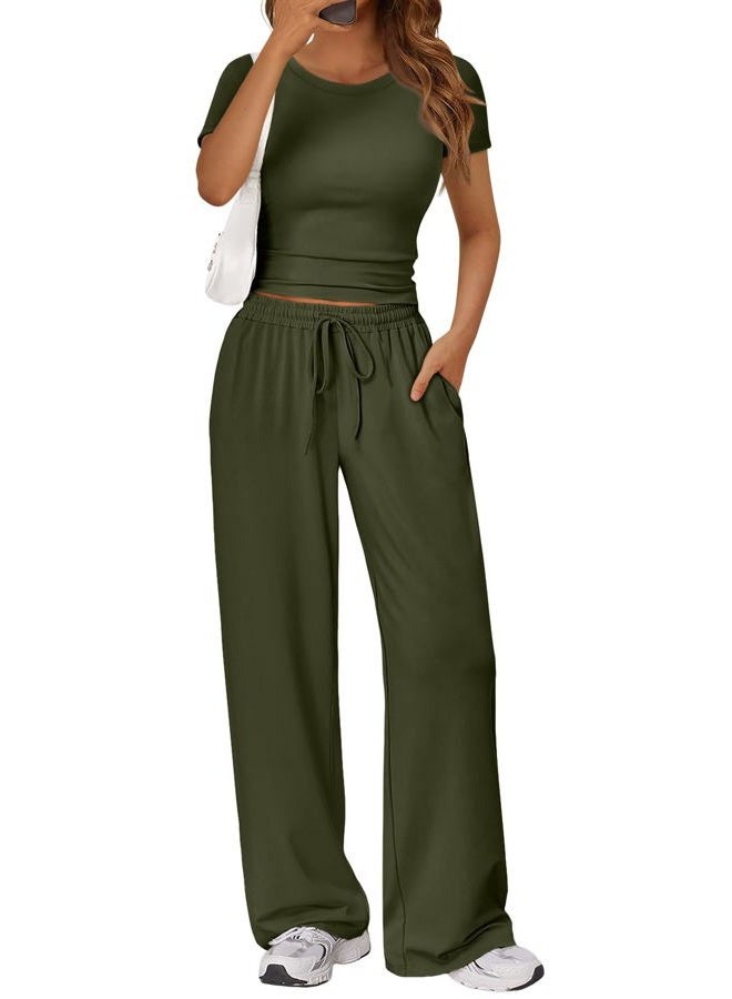 Trendy Queen 2 Piece Matching Summer Sweatsuit Lounge Set Womens Wide Leg Pants Side Ruching Crop Top Sets, Army Green, L - Image 1