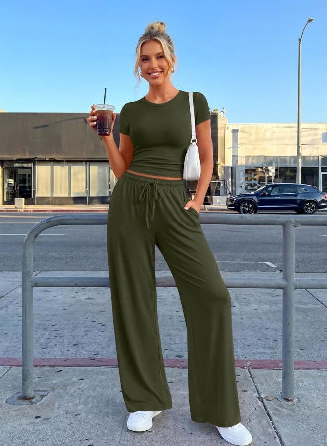Trendy Queen 2 Piece Matching Summer Sweatsuit Lounge Set Womens Wide Leg Pants Side Ruching Crop Top Sets, Army Green, L - Image 2