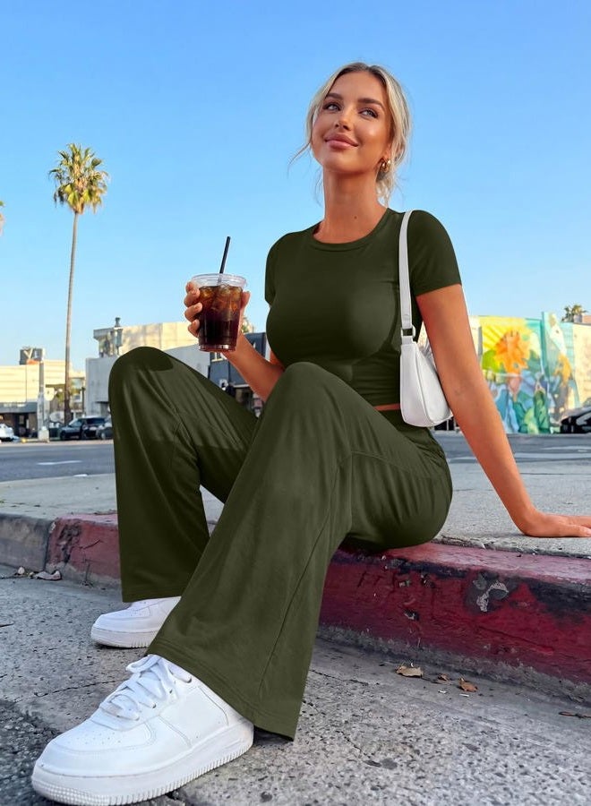 Trendy Queen 2 Piece Matching Summer Sweatsuit Lounge Set Womens Wide Leg Pants Side Ruching Crop Top Sets, Army Green, L - Image 5