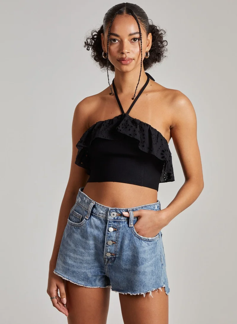 Pink Vanilla Halter Neck Broderie Frill Hem Crop Top
