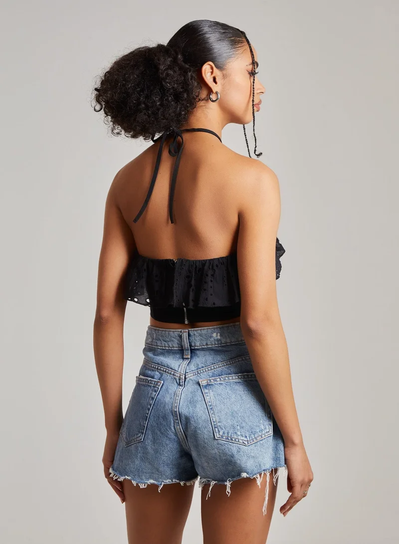 Pink Vanilla Halter Neck Broderie Frill Hem Crop Top
