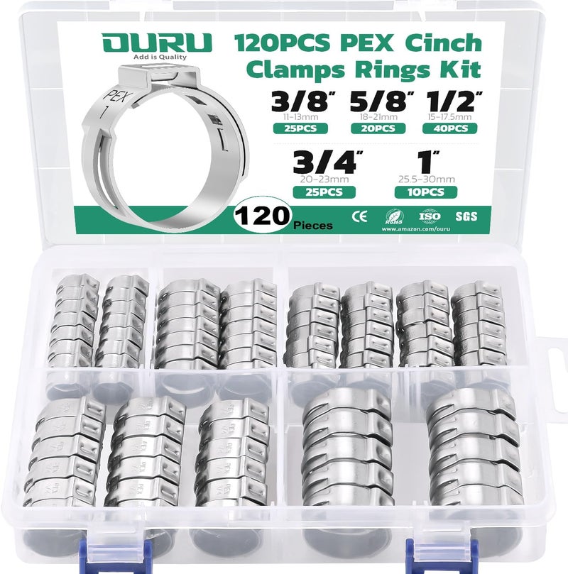 ORU 120PCS Pex Crimp Rings Assortment,304 Stainless Steel Pex Clamps 3/8",1/2",3/4",5/8",1" Single Ear Hose Clamps,Pex Cinch Clamps for Pex Fittings Pipe Tubing - Image 1