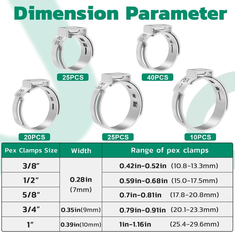ORU 120PCS Pex Crimp Rings Assortment,304 Stainless Steel Pex Clamps 3/8",1/2",3/4",5/8",1" Single Ear Hose Clamps,Pex Cinch Clamps for Pex Fittings Pipe Tubing - Image 2